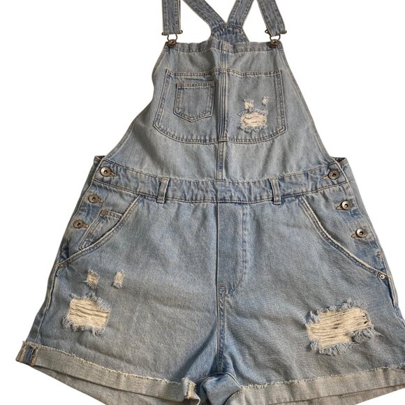 & Denim Overall Shorts Women's 10 Distressed Light Wash Denim Casual Y2K Comfy - Picture 11 of 15